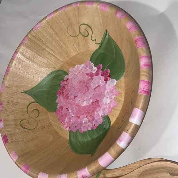 HP 🎉Pierrette Hand painted Hydrangea Green Leaf wooden bowl fork spoon server - Picture 14 of 14